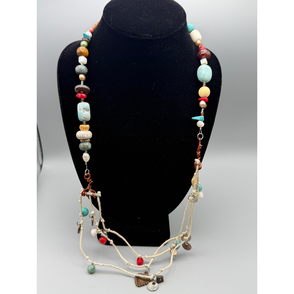Artisan Boho Beaded Lanyard Necklace Turquoise Pearl Agate Tribal Fringe # 1156